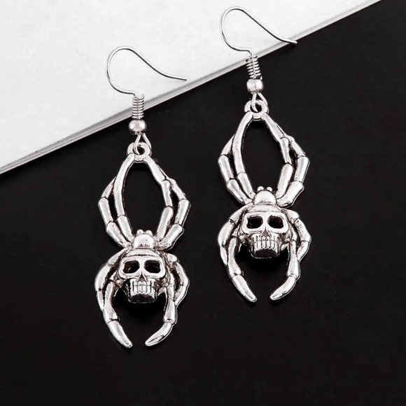 Any 2/$20! Silver Skull Spider Drop Earrings - Picture 5 of 7